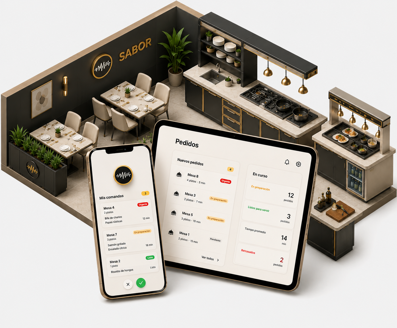 Vista del panel de comandas y app móvil